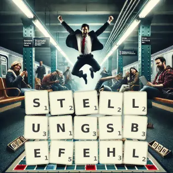 Kreative Illustration für ein Scrabble-Spiel, bei dem das Wort STELLUNGSBEFEHL mit Steinen auf dem Brett gelegt wurde.