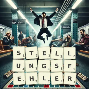 Kreative Illustration für ein Scrabble-Spiel, bei dem das Wort STELLUNGSFEHLER mit Steinen auf dem Brett gelegt wurde.