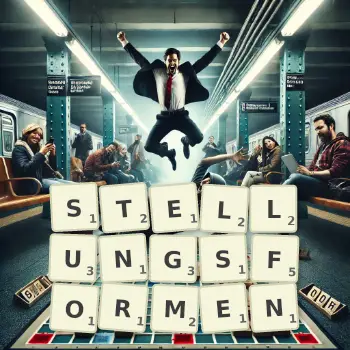 Kreative Illustration für ein Scrabble-Spiel, bei dem das Wort STELLUNGSFORMEN mit Steinen auf dem Brett gelegt wurde.