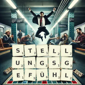 Kreative Illustration für ein Scrabble-Spiel, bei dem das Wort STELLUNGSGEFÜHL mit Steinen auf dem Brett gelegt wurde.