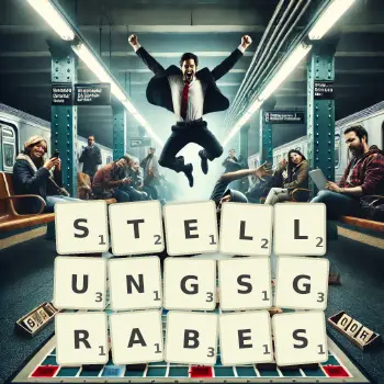 Kreative Illustration für ein Scrabble-Spiel, bei dem das Wort STELLUNGSGRABES mit Steinen auf dem Brett gelegt wurde.