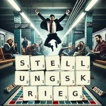 Kreative Illustration für ein Scrabble-Spiel, bei dem das Wort STELLUNGSKRIEG mit Steinen auf dem Brett gelegt wurde.
