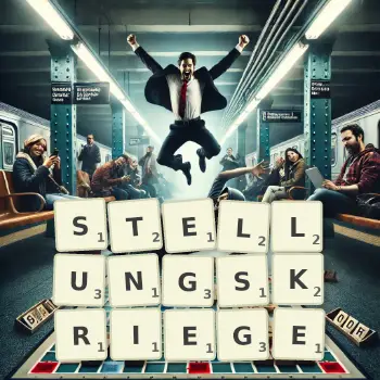 Kreative Illustration für ein Scrabble-Spiel, bei dem das Wort STELLUNGSKRIEGE mit Steinen auf dem Brett gelegt wurde.
