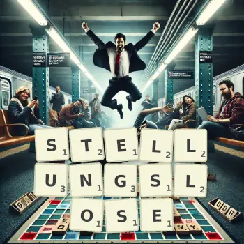 Kreative Illustration für ein Scrabble-Spiel, bei dem das Wort STELLUNGSLOSE mit Steinen auf dem Brett gelegt wurde.