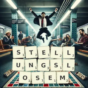 Kreative Illustration für ein Scrabble-Spiel, bei dem das Wort STELLUNGSLOSEM mit Steinen auf dem Brett gelegt wurde.