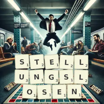 Kreative Illustration für ein Scrabble-Spiel, bei dem das Wort STELLUNGSLOSEN mit Steinen auf dem Brett gelegt wurde.
