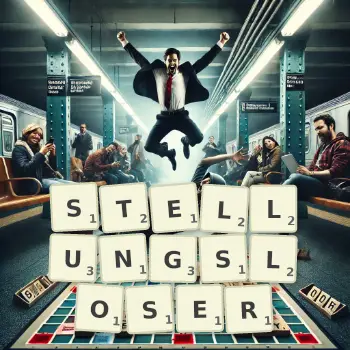 Kreative Illustration für ein Scrabble-Spiel, bei dem das Wort STELLUNGSLOSER mit Steinen auf dem Brett gelegt wurde.