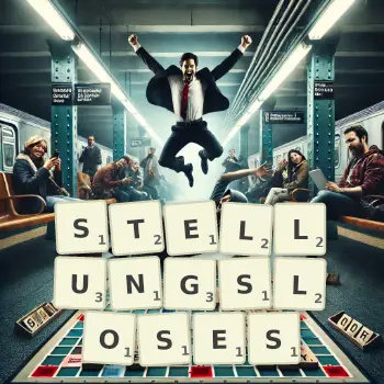 Kreative Illustration für ein Scrabble-Spiel, bei dem das Wort STELLUNGSLOSES mit Steinen auf dem Brett gelegt wurde.