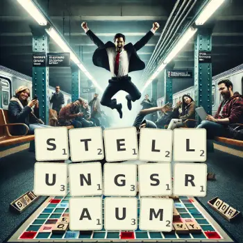 Kreative Illustration für ein Scrabble-Spiel, bei dem das Wort STELLUNGSRAUM mit Steinen auf dem Brett gelegt wurde.