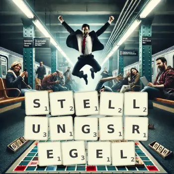 Kreative Illustration für ein Scrabble-Spiel, bei dem das Wort STELLUNGSREGEL mit Steinen auf dem Brett gelegt wurde.
