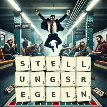 Kreative Illustration für ein Scrabble-Spiel, bei dem das Wort STELLUNGSREGELN mit Steinen auf dem Brett gelegt wurde.