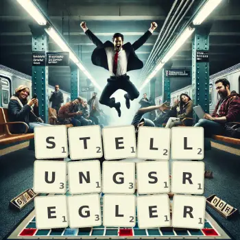Kreative Illustration für ein Scrabble-Spiel, bei dem das Wort STELLUNGSREGLER mit Steinen auf dem Brett gelegt wurde.