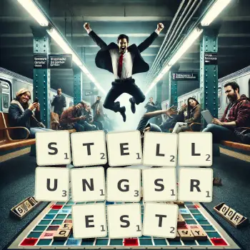 Kreative Illustration für ein Scrabble-Spiel, bei dem das Wort STELLUNGSREST mit Steinen auf dem Brett gelegt wurde.