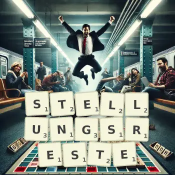 Kreative Illustration für ein Scrabble-Spiel, bei dem das Wort STELLUNGSRESTE mit Steinen auf dem Brett gelegt wurde.
