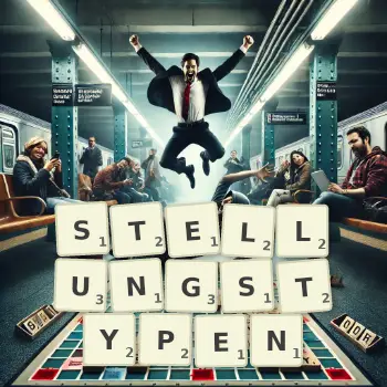 Kreative Illustration für ein Scrabble-Spiel, bei dem das Wort STELLUNGSTYPEN mit Steinen auf dem Brett gelegt wurde.