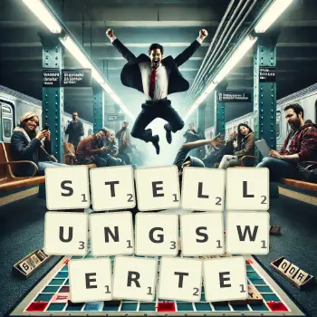 Kreative Illustration für ein Scrabble-Spiel, bei dem das Wort STELLUNGSWERTE mit Steinen auf dem Brett gelegt wurde.