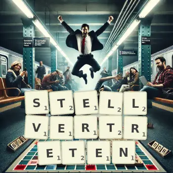 Kreative Illustration für ein Scrabble-Spiel, bei dem das Wort STELLVERTRETEN mit Steinen auf dem Brett gelegt wurde.