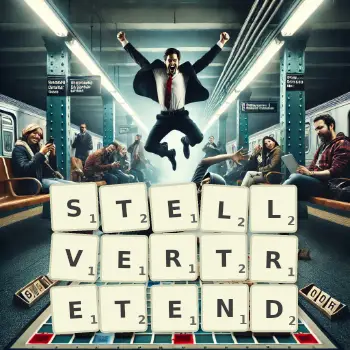 Kreative Illustration für ein Scrabble-Spiel, bei dem das Wort STELLVERTRETEND mit Steinen auf dem Brett gelegt wurde.