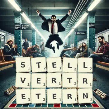 Kreative Illustration für ein Scrabble-Spiel, bei dem das Wort STELLVERTRETERN mit Steinen auf dem Brett gelegt wurde.