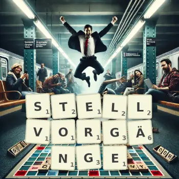 Kreative Illustration für ein Scrabble-Spiel, bei dem das Wort STELLVORGÄNGE mit Steinen auf dem Brett gelegt wurde.