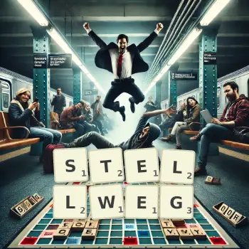 Kreative Illustration für ein Scrabble-Spiel, bei dem das Wort STELLWEG mit Steinen auf dem Brett gelegt wurde.