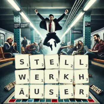 Kreative Illustration für ein Scrabble-Spiel, bei dem das Wort STELLWERKHÄUSER mit Steinen auf dem Brett gelegt wurde.