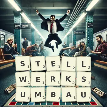 Kreative Illustration für ein Scrabble-Spiel, bei dem das Wort STELLWERKSUMBAU mit Steinen auf dem Brett gelegt wurde.