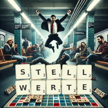 Kreative Illustration für ein Scrabble-Spiel, bei dem das Wort STELLWERTE mit Steinen auf dem Brett gelegt wurde.