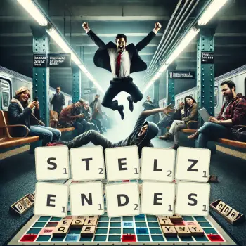 Kreative Illustration für ein Scrabble-Spiel, bei dem das Wort STELZENDES mit Steinen auf dem Brett gelegt wurde.