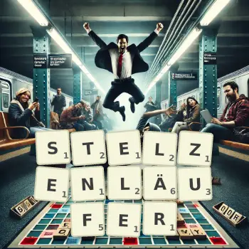 Kreative Illustration für ein Scrabble-Spiel, bei dem das Wort STELZENLÄUFER mit Steinen auf dem Brett gelegt wurde.