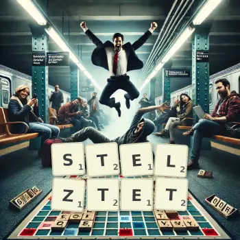 Kreative Illustration für ein Scrabble-Spiel, bei dem das Wort STELZTET mit Steinen auf dem Brett gelegt wurde.