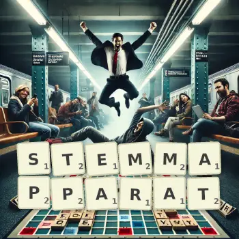 Kreative Illustration für ein Scrabble-Spiel, bei dem das Wort STEMMAPPARAT mit Steinen auf dem Brett gelegt wurde.