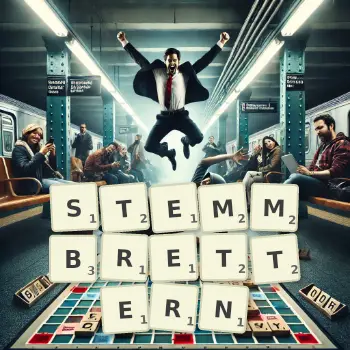 Kreative Illustration für ein Scrabble-Spiel, bei dem das Wort STEMMBRETTERN mit Steinen auf dem Brett gelegt wurde.