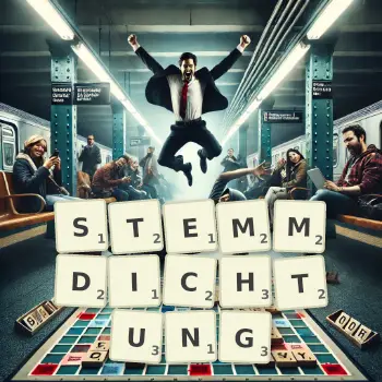 Kreative Illustration für ein Scrabble-Spiel, bei dem das Wort STEMMDICHTUNG mit Steinen auf dem Brett gelegt wurde.