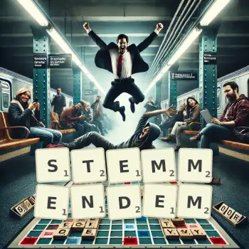 Kreative Illustration für ein Scrabble-Spiel, bei dem das Wort STEMMENDEM mit Steinen auf dem Brett gelegt wurde.