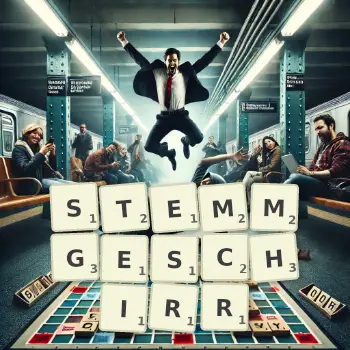 Kreative Illustration für ein Scrabble-Spiel, bei dem das Wort STEMMGESCHIRR mit Steinen auf dem Brett gelegt wurde.