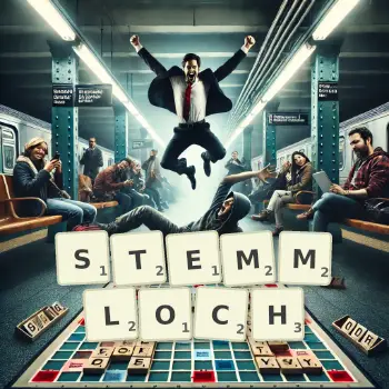 Kreative Illustration für ein Scrabble-Spiel, bei dem das Wort STEMMLOCH mit Steinen auf dem Brett gelegt wurde.