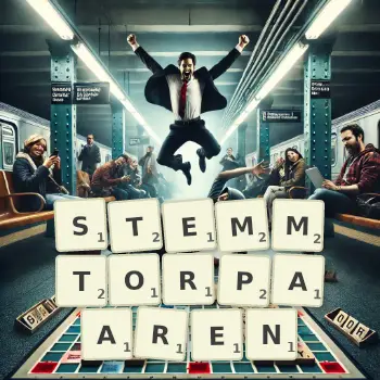 Kreative Illustration für ein Scrabble-Spiel, bei dem das Wort STEMMTORPAAREN mit Steinen auf dem Brett gelegt wurde.