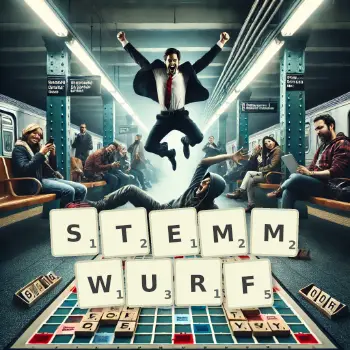 Kreative Illustration für ein Scrabble-Spiel, bei dem das Wort STEMMWURF mit Steinen auf dem Brett gelegt wurde.