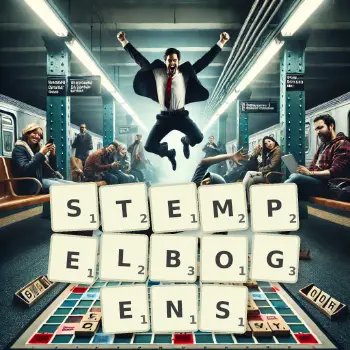 Kreative Illustration für ein Scrabble-Spiel, bei dem das Wort STEMPELBOGENS mit Steinen auf dem Brett gelegt wurde.