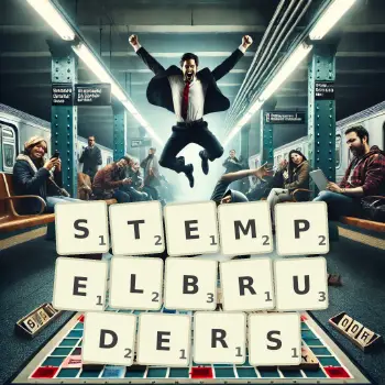 Kreative Illustration für ein Scrabble-Spiel, bei dem das Wort STEMPELBRUDERS mit Steinen auf dem Brett gelegt wurde.