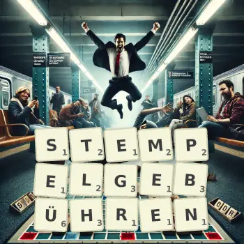 Kreative Illustration für ein Scrabble-Spiel, bei dem das Wort STEMPELGEBÜHREN mit Steinen auf dem Brett gelegt wurde.