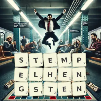 Kreative Illustration für ein Scrabble-Spiel, bei dem das Wort STEMPELHENGSTEN mit Steinen auf dem Brett gelegt wurde.