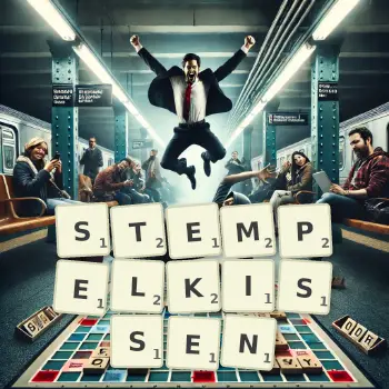 Kreative Illustration für ein Scrabble-Spiel, bei dem das Wort STEMPELKISSEN mit Steinen auf dem Brett gelegt wurde.