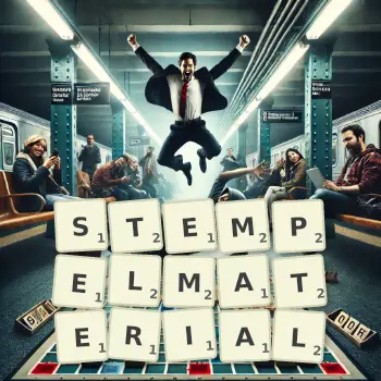 Kreative Illustration für ein Scrabble-Spiel, bei dem das Wort STEMPELMATERIAL mit Steinen auf dem Brett gelegt wurde.