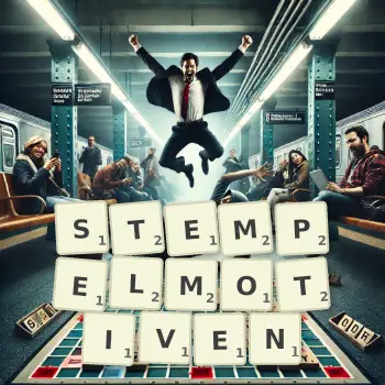 Kreative Illustration für ein Scrabble-Spiel, bei dem das Wort STEMPELMOTIVEN mit Steinen auf dem Brett gelegt wurde.