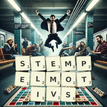 Kreative Illustration für ein Scrabble-Spiel, bei dem das Wort STEMPELMOTIVS mit Steinen auf dem Brett gelegt wurde.