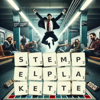 Kreative Illustration für ein Scrabble-Spiel, bei dem das Wort STEMPELPLAKETTE mit Steinen auf dem Brett gelegt wurde.