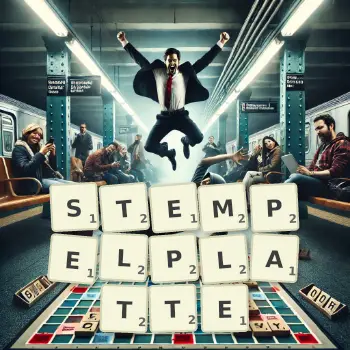 Kreative Illustration für ein Scrabble-Spiel, bei dem das Wort STEMPELPLATTE mit Steinen auf dem Brett gelegt wurde.