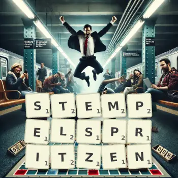 Kreative Illustration für ein Scrabble-Spiel, bei dem das Wort STEMPELSPRITZEN mit Steinen auf dem Brett gelegt wurde.